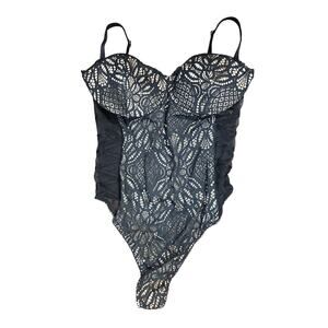 Victoria's Secret NWOT Dream Angels Bodysuit Black Nude Floral Lace, 36C